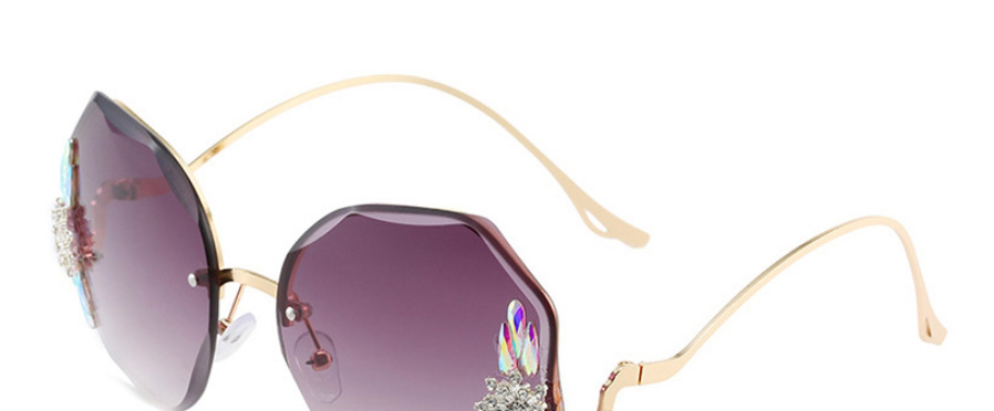 Fashion Gold Color Frame Purple Powder Tablets Diamond-studded Polygonal Rimless Sunglasses,Women Sunglasses