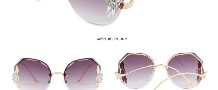 Fashion Gold Color Frame Blue Powder Tablets Diamond-studded Polygonal Rimless Sunglasses,Women Sunglasses