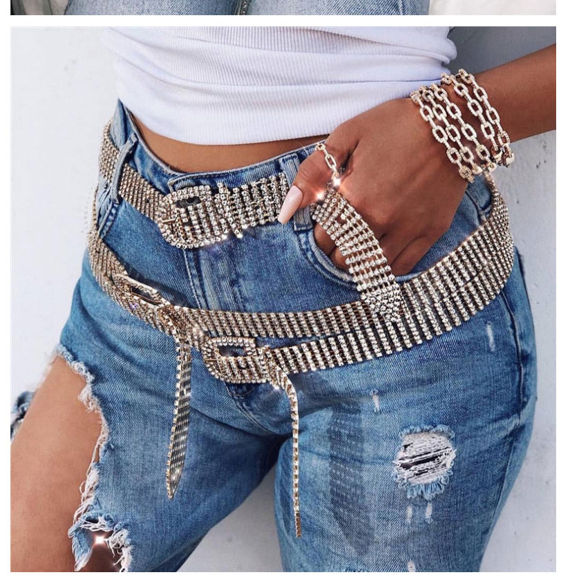 Fashion 10 Rows Of Gold With Bead Chain Metal Diamond-studded Square Buckle Belt,Wide belts