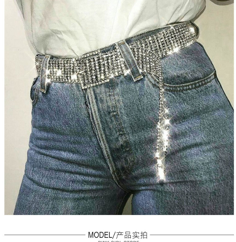 Fashion 8 Rows Silver With Bead Chain Metal Diamond-studded Square Buckle Belt,Wide belts