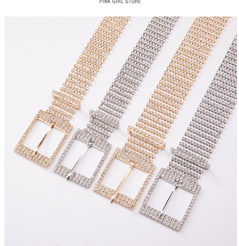 Fashion Classic 8 Rows Of Silver Metal Diamond-studded Square Buckle Belt,Wide belts