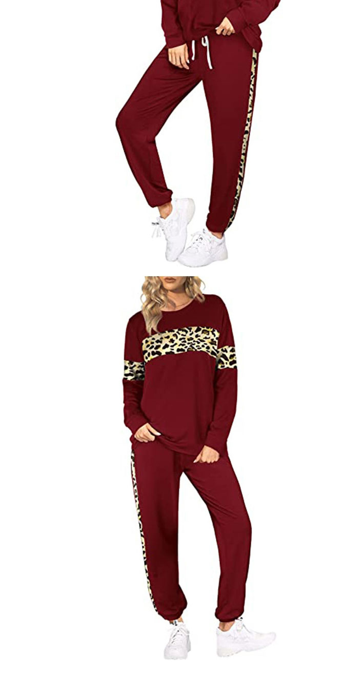 Fashion Leopard Red Round Neck Long-sleeved Top Lace Trousers Suit,Tank Tops & Camis