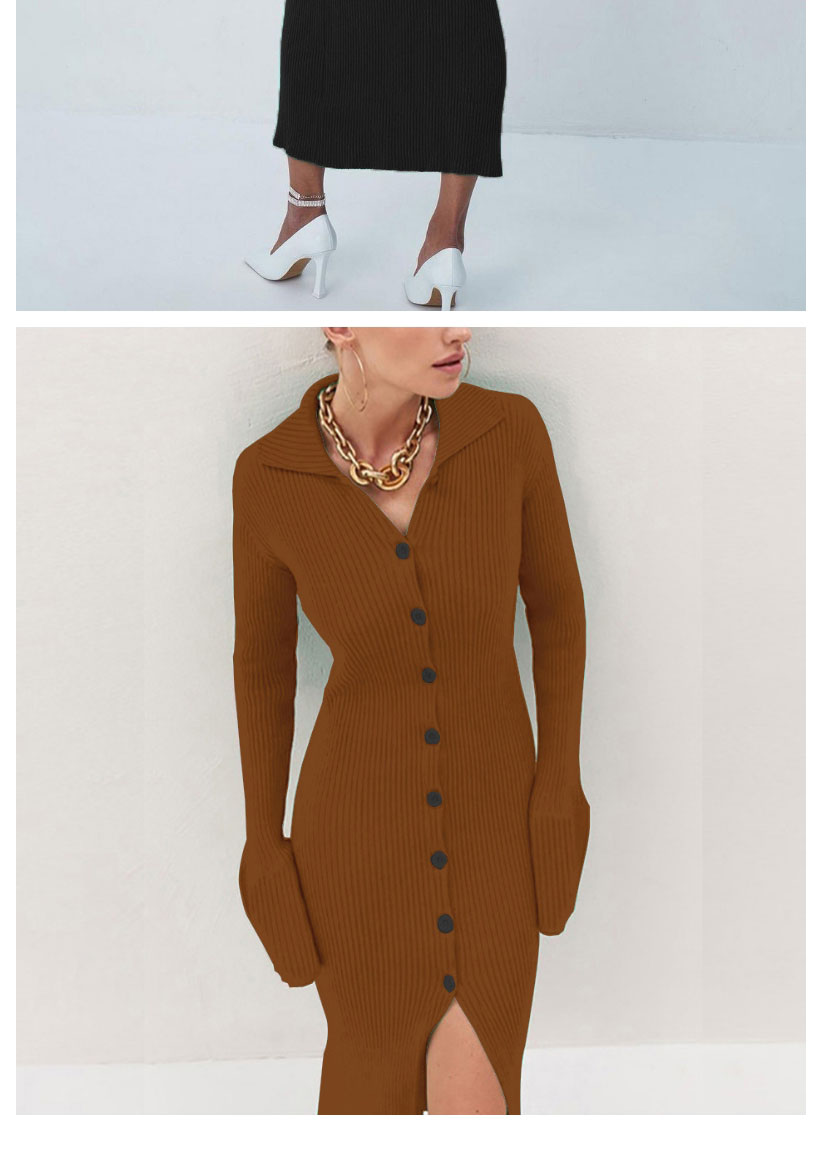 Fashion Brown Lapel Knit Buttoned Dress,Long Dress