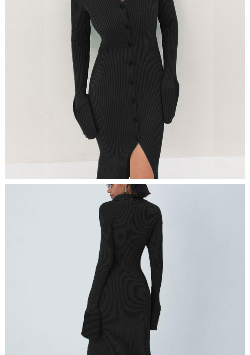 Fashion Black Lapel Knit Buttoned Dress,Long Dress