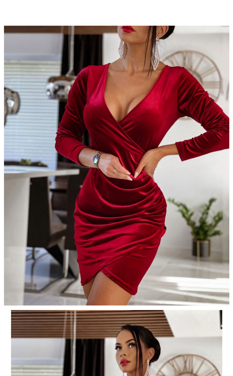 Fashion Red Wine Solid Color V-neck Pleated Dress,Long Dress