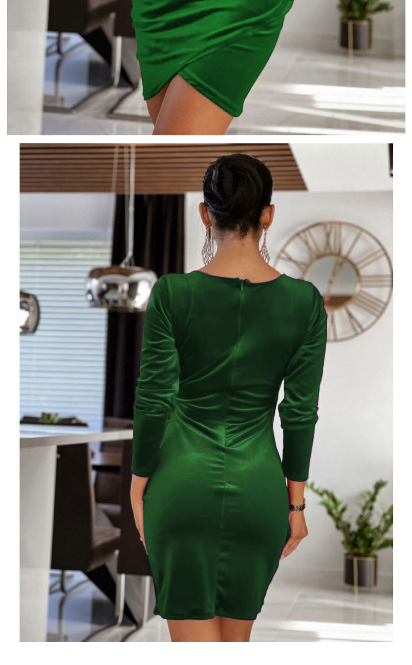 Fashion Green Solid Color V-neck Pleated Dress,Mini & Short Dresses