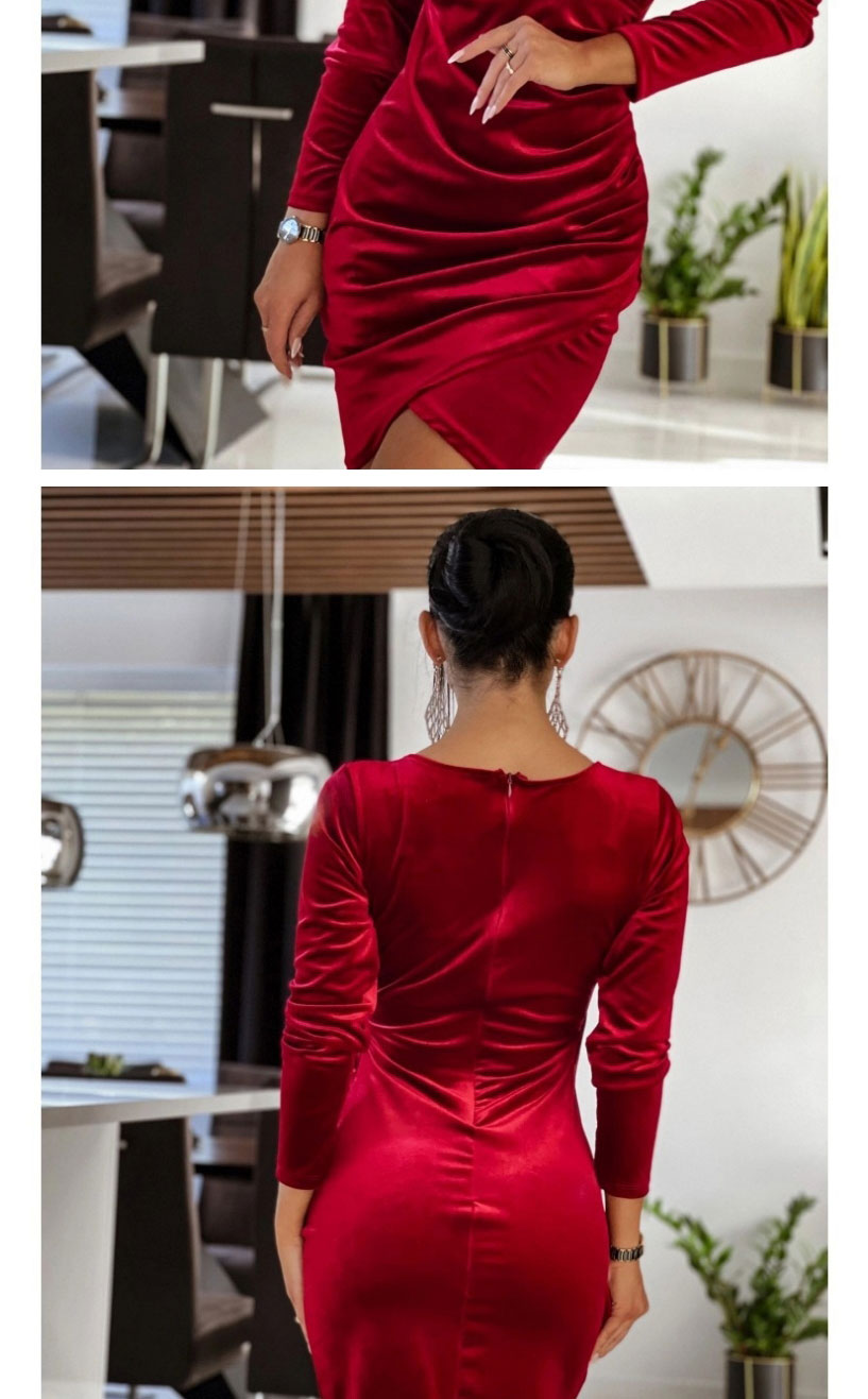 Fashion Red Wine Solid Color V-neck Pleated Dress,Long Dress