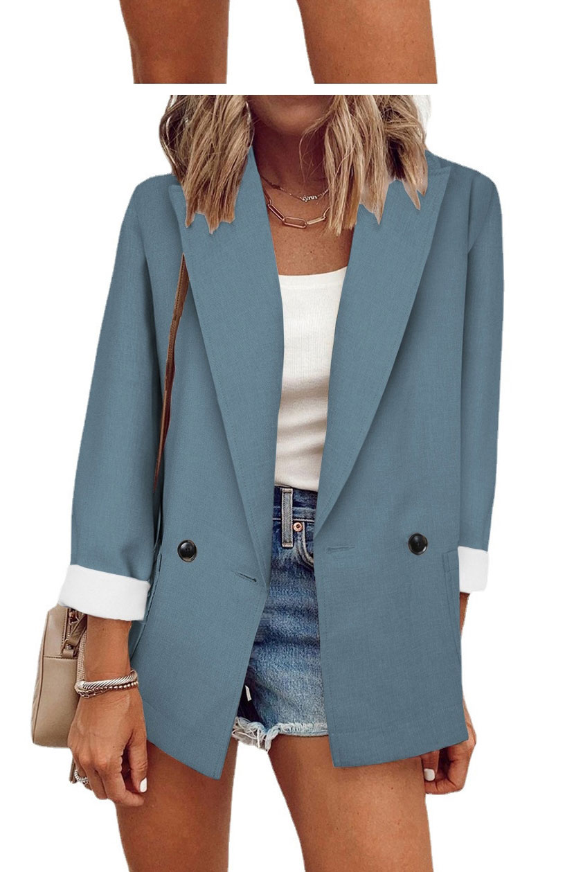 Fashion Dark Blue Solid Color Single Button Blazer,Coat-Jacket