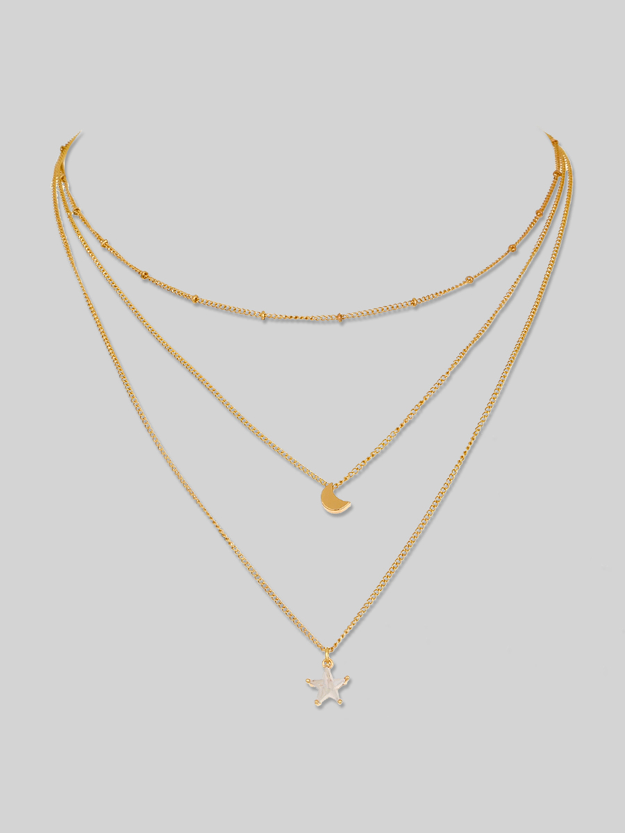 Fashion Gold Copper Inlaid Zirconium Five-pointed Star Moon Multilayer Necklace,Multi Strand Necklaces