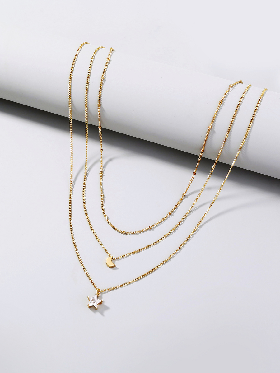 Fashion Gold Copper Inlaid Zirconium Five-pointed Star Moon Multilayer Necklace,Multi Strand Necklaces