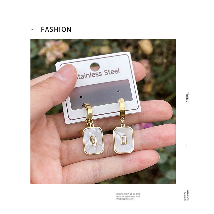 Fashion White Titanium Steel Zircon Shell Square Ear Ring,Earrings