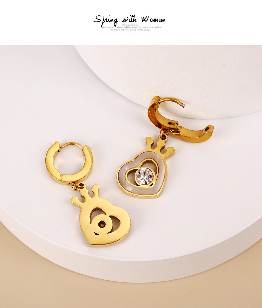 Fashion Gold+white Titanium Steel Inlaid Zirconium Drop Oil Love Crown Earrings,Earrings