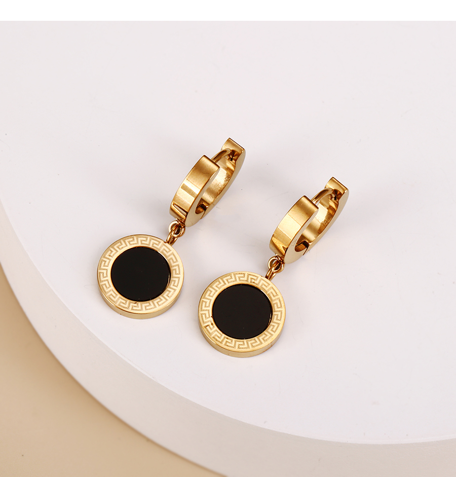 Fashion Gold+black Titanium Steel Oil Drip Pattern Round Earrings,Earrings