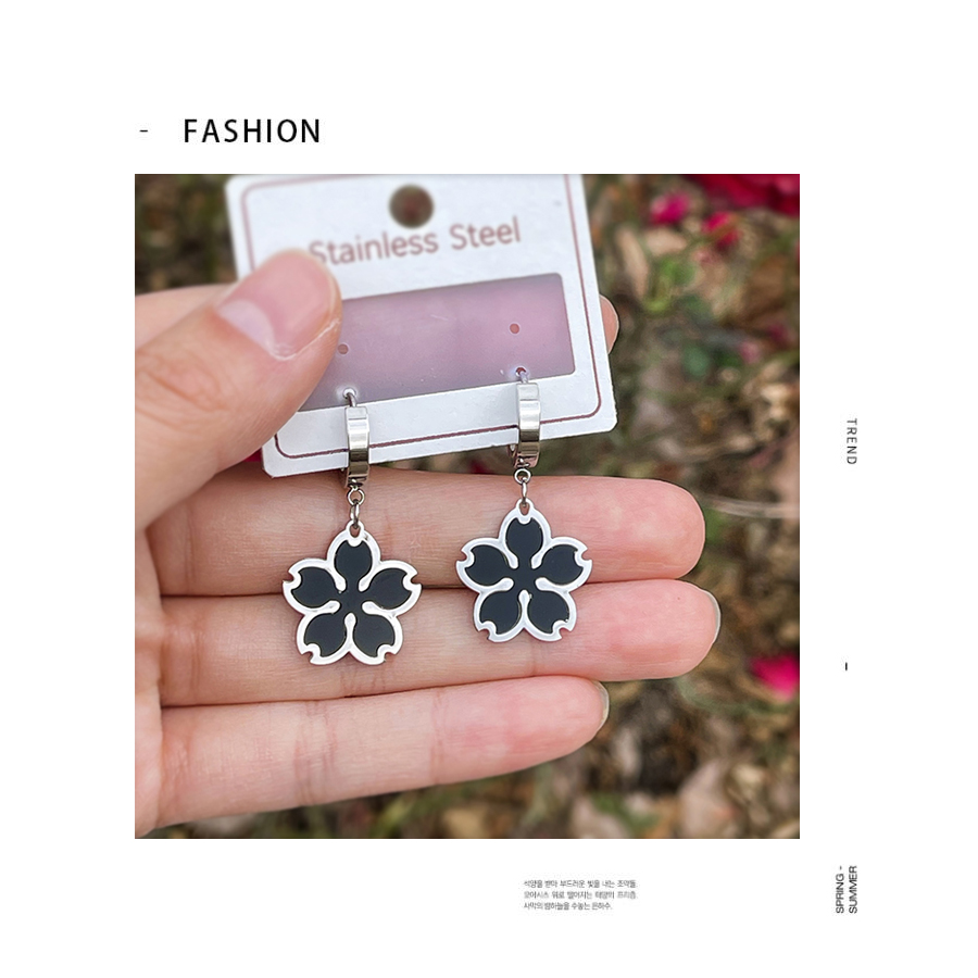 Fashion Silver+black Titanium Steel Drip Flower Earrings,Earrings