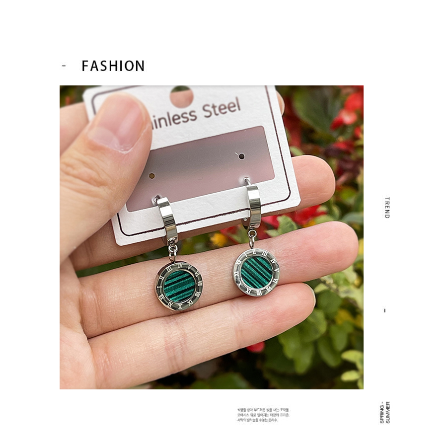 Fashion Silver+green Titanium Steel Oil Drip Round Ear Ring,Earrings