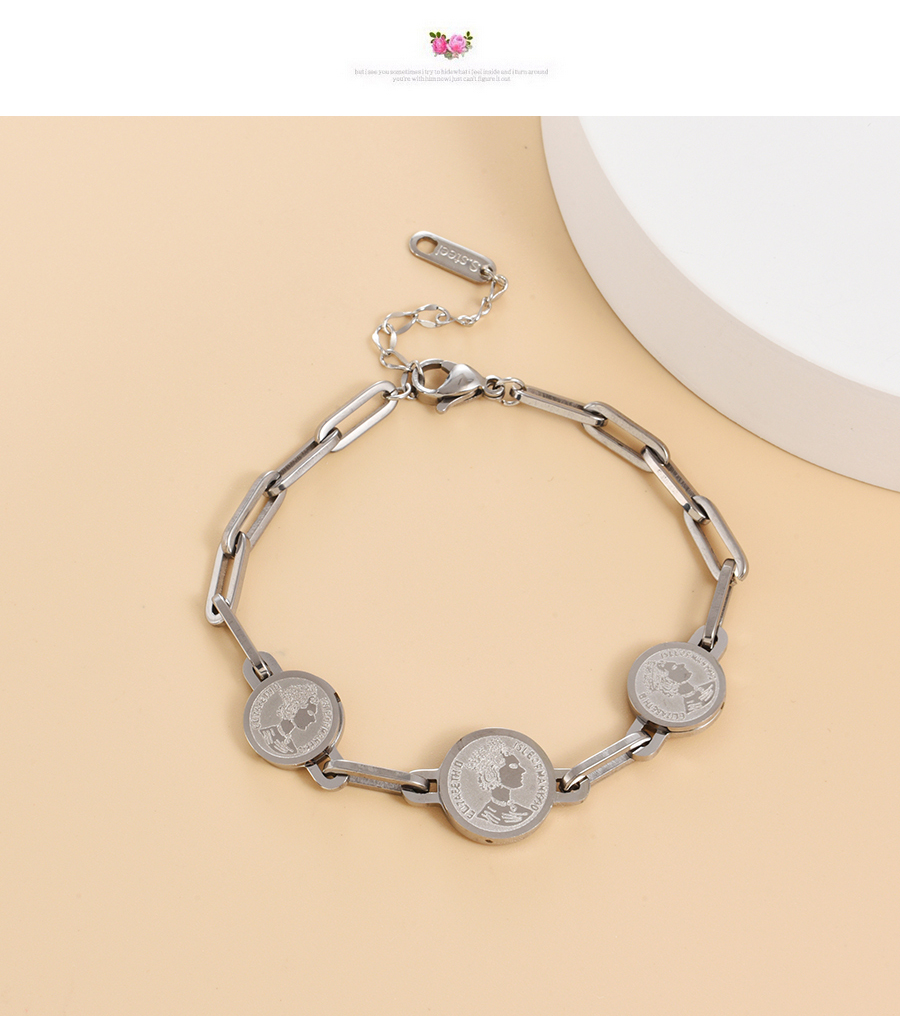 Fashion Silver Titanium Steel Round Portrait Thick Chain Bracelet,Bracelets