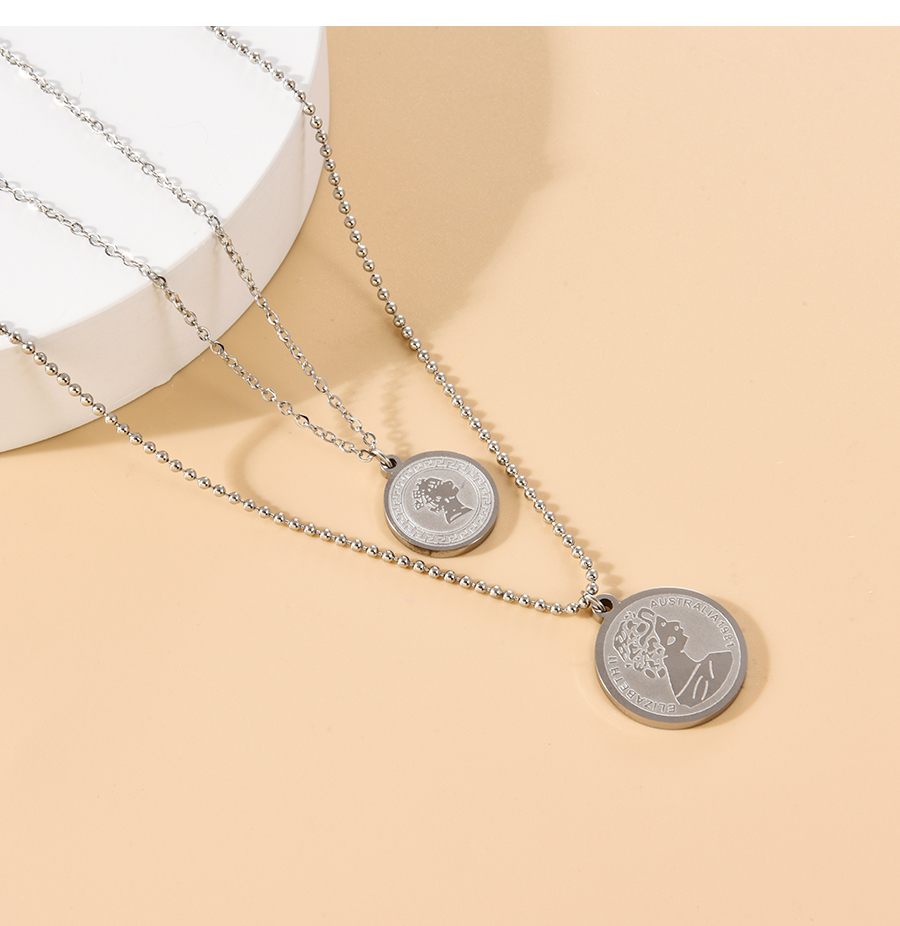 Fashion Silver Titanium Steel Multilayer Round Portrait Necklace,Necklaces