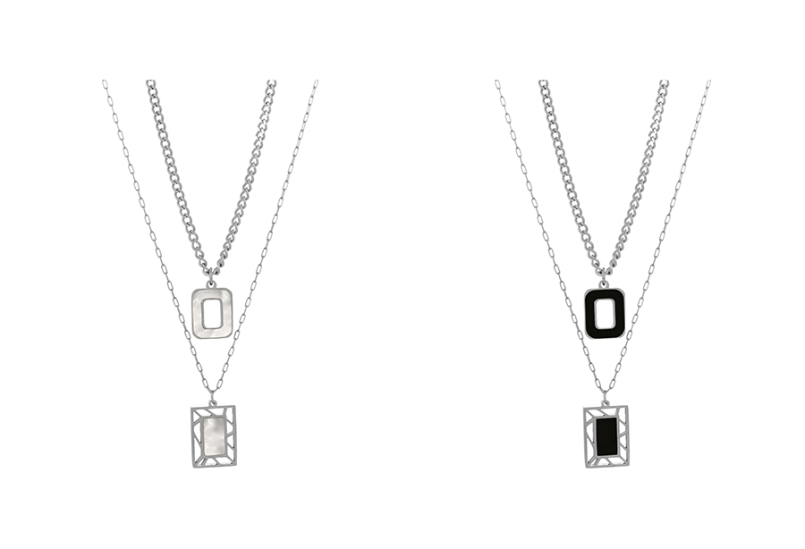 Fashion Black+silver Titanium Steel Drip Oil Double Hollow Square Necklace,Necklaces