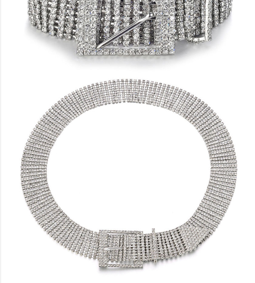 Fashion Silver Five-row Diamond Waist Chain With Square Buckle Metal Row Diamond Wide Belt,Waist Chain