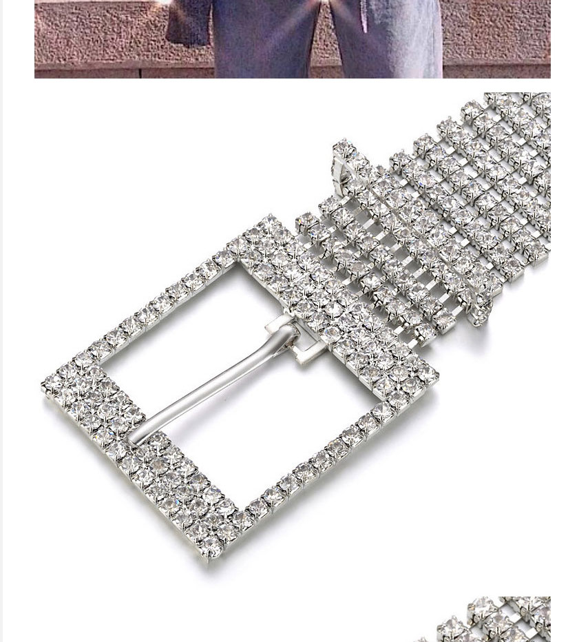 Fashion Silver Five-row Diamond Waist Chain With Square Buckle Metal Row Diamond Wide Belt,Waist Chain