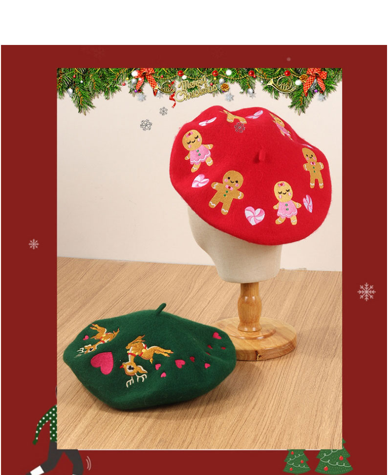 Fashion Green Wool Cartoon Embroidered Beret,Beanies&Others