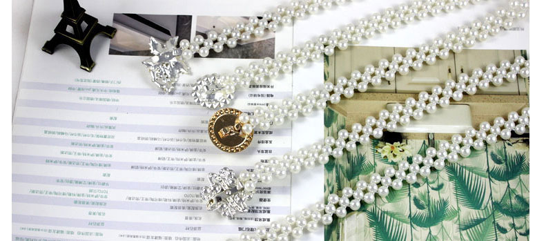 Fashion Oval Bead Flower Metal Diamond-studded Pearl Geometric Thin-edged Belt,Thin belts