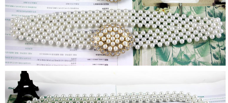Fashion Pearl And Diamond Bow Metal Diamond-studded Pearl Geometric Thin-edged Belt,Thin belts