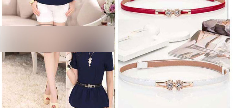 Fashion Gold Coloren Button White Faux Leather Rhinestone Adjustable Thin Side Belt,Thin belts