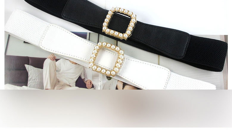 Fashion Black Pearl Square Buckle Wide Webbing Belt,Wide belts