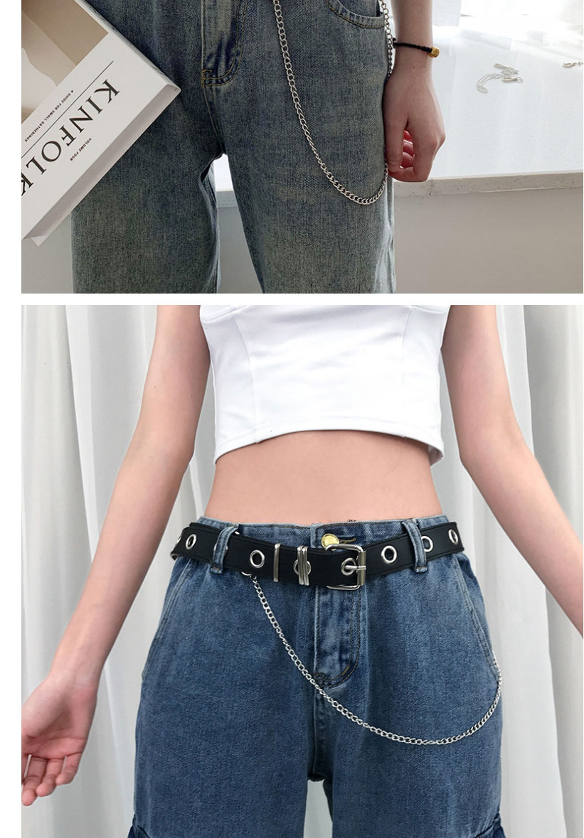 Fashion Black Imitation Leather Non-perforated Chain Pendant Belt,Wide belts