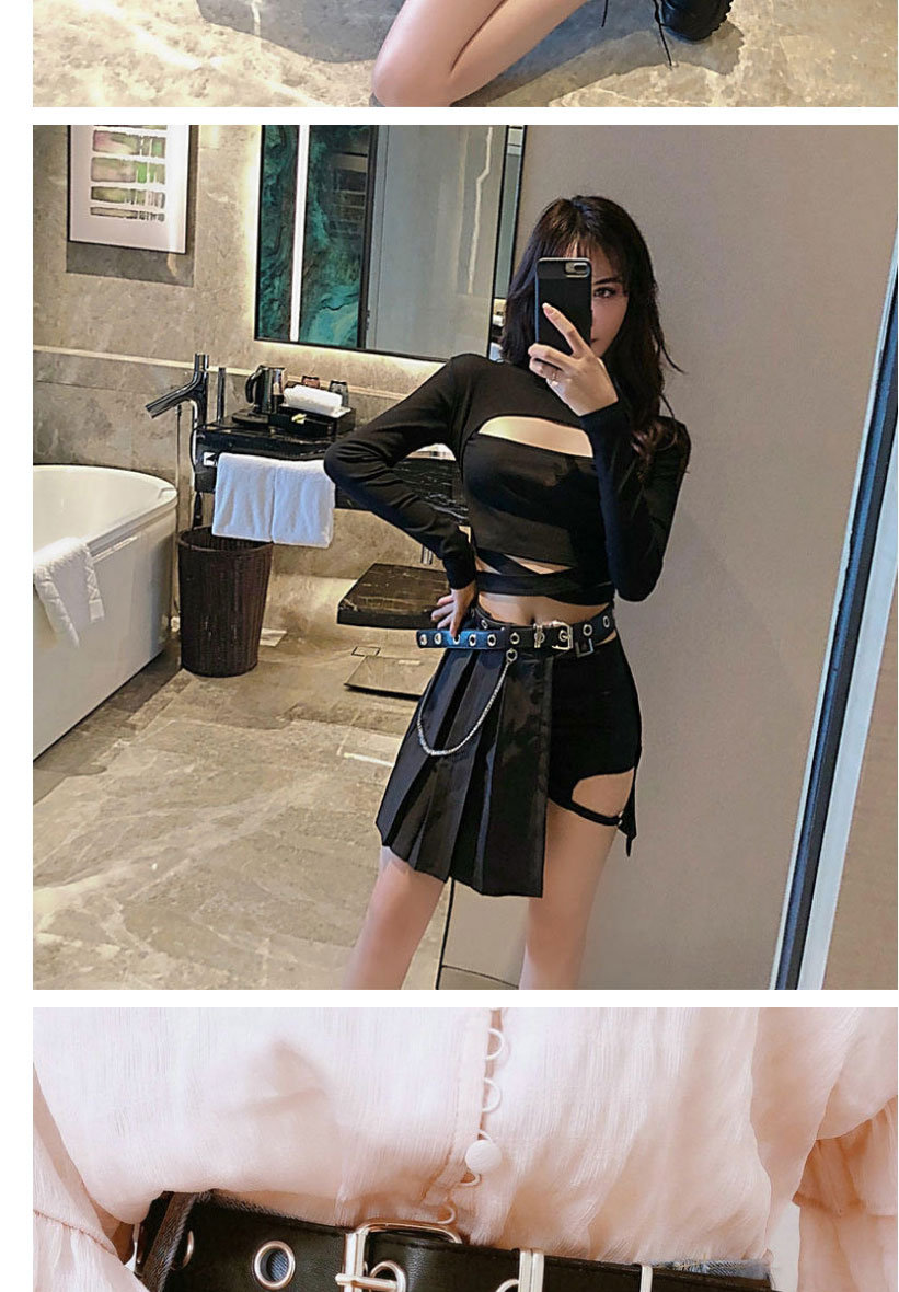 Fashion Black Imitation Leather Non-perforated Chain Pendant Belt,Wide belts