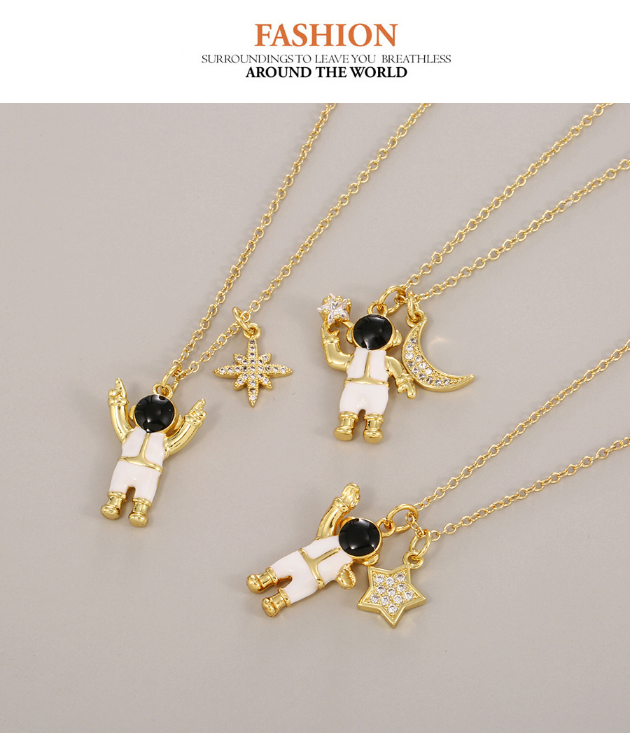 Fashion Golden-3 Copper Inlaid Zirconium Astronaut Five-pointed Star Necklace,Necklaces