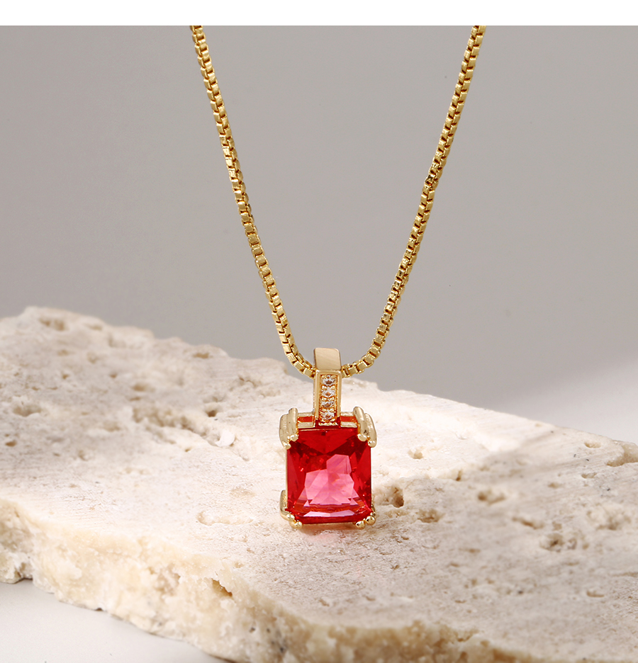 Fashion Red Copper Inlaid Zirconium Square Necklace,Necklaces