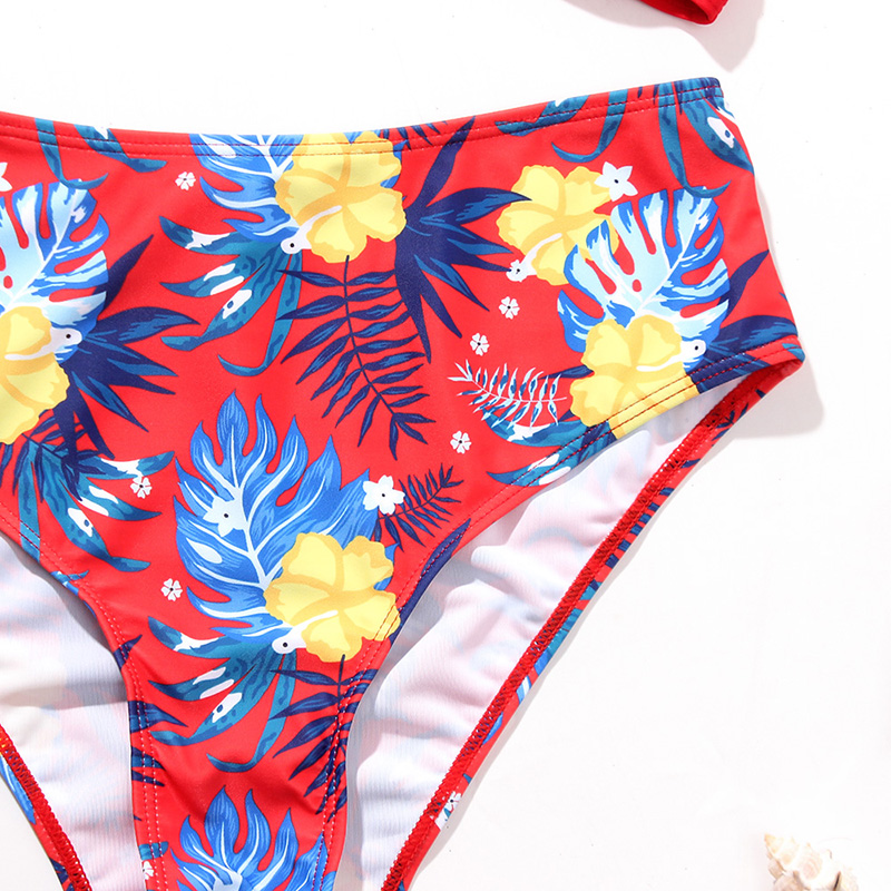 Fashion Red Hollow Sling Print High Waist Split Swimsuit,Bikini Sets