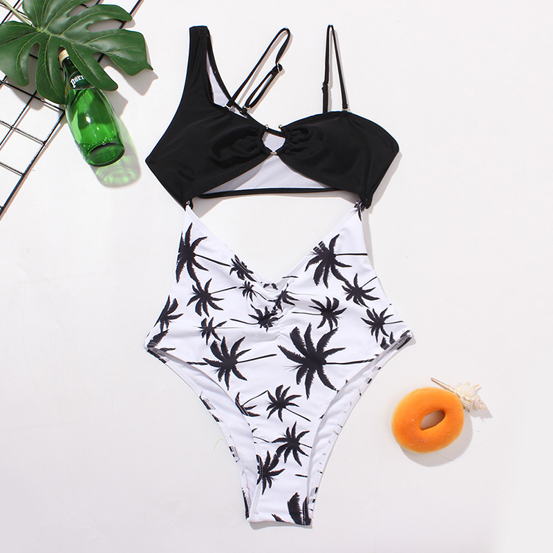 Fashion Black And White Asymmetrical Sling Cutout Print Stitching One-piece Swimsuit,One Pieces