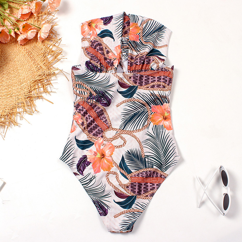 Fashion Color Cross-cut Halterneck Print One-piece Swimsuit,One Pieces
