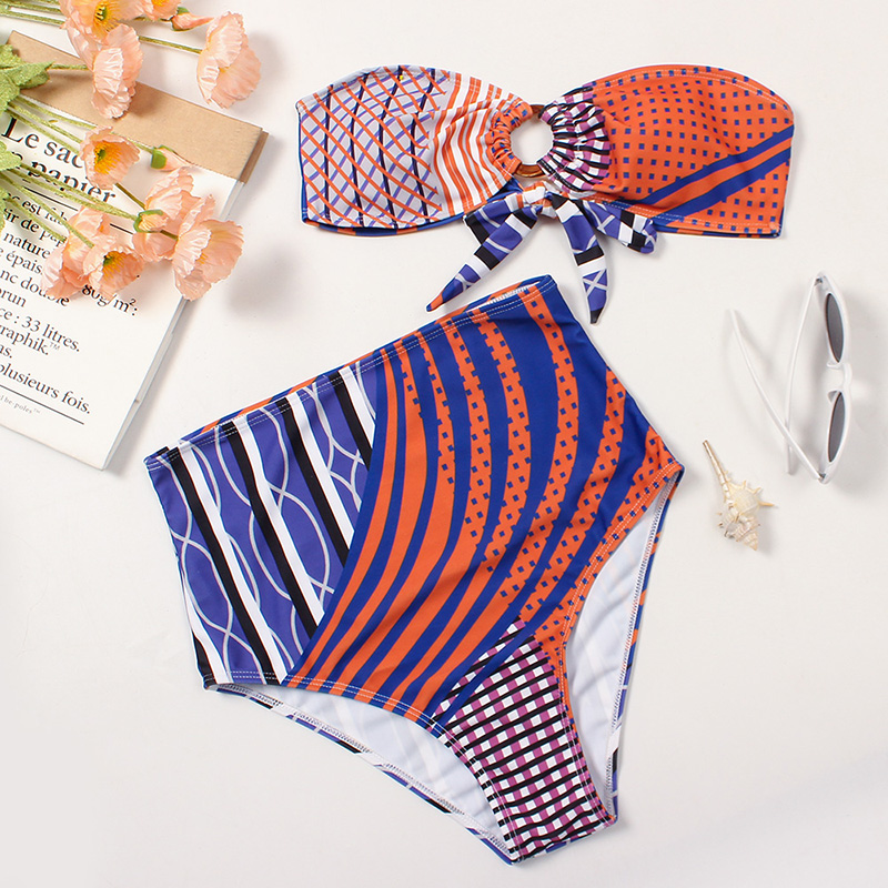 Fashion Color Printed Knotted Tube Top High Waist Split Swimsuit,Bikini Sets