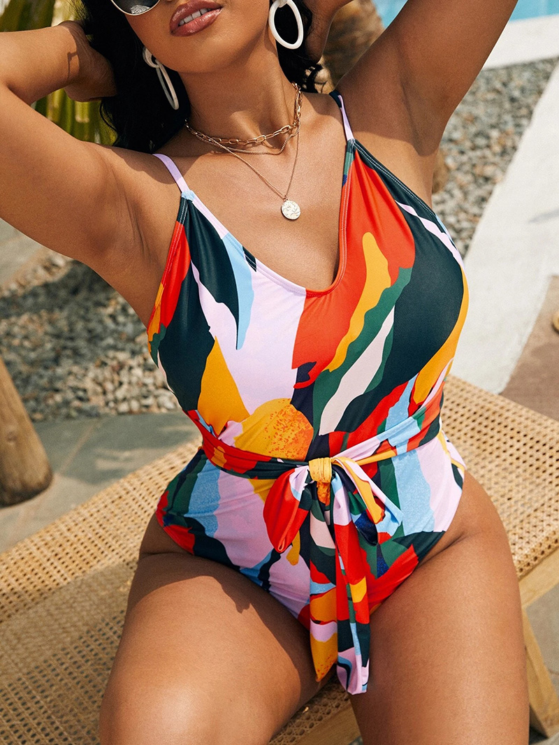 Fashion Color Printed Strappy Sling One-piece Swimsuit,One Pieces