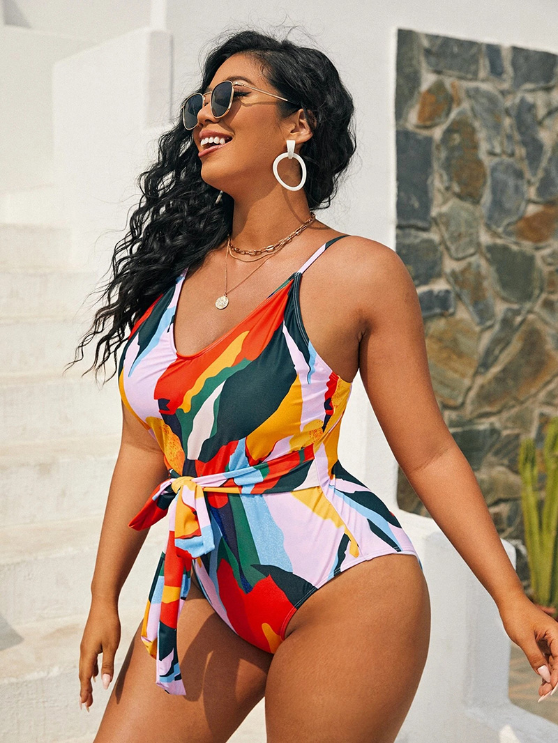 Fashion Color Printed Strappy Sling One-piece Swimsuit,One Pieces