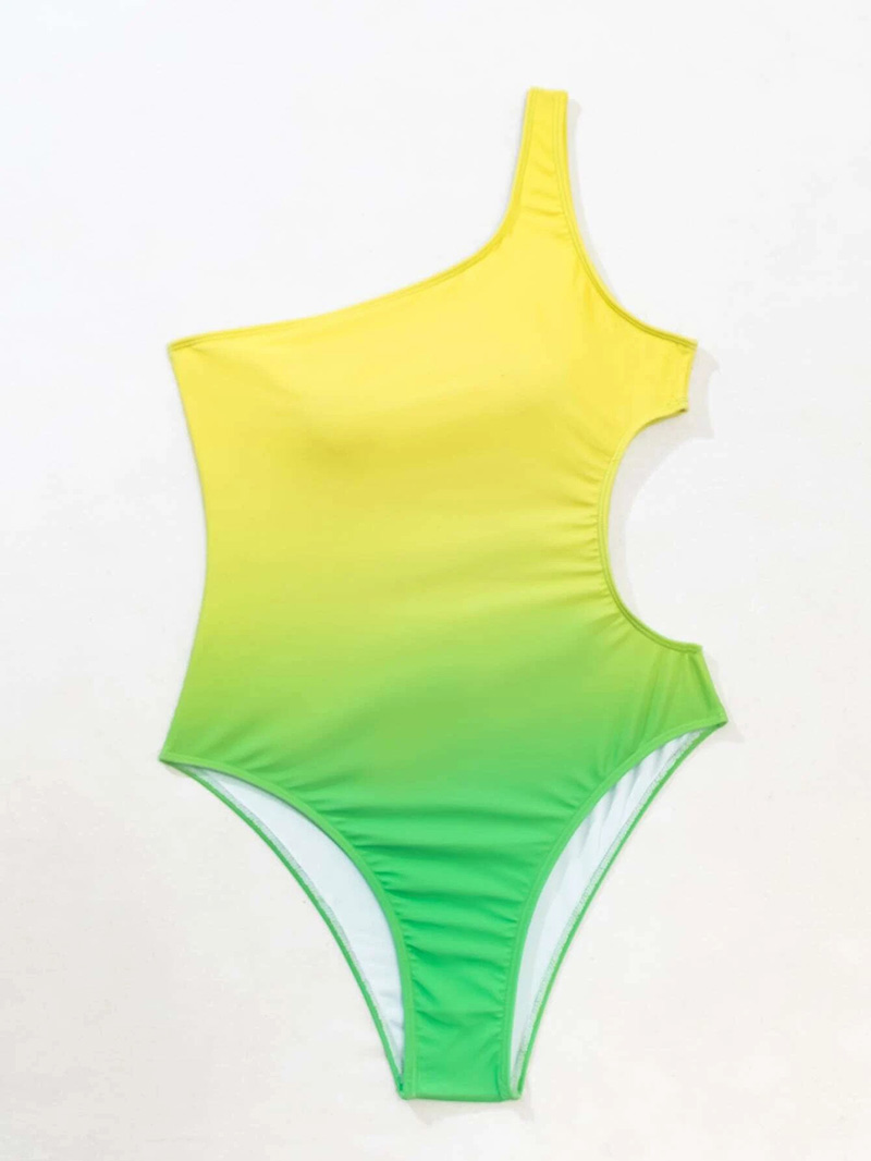 Fashion Yellow-green Gradient Color One-shoulder Cutout Swimsuit,One Pieces
