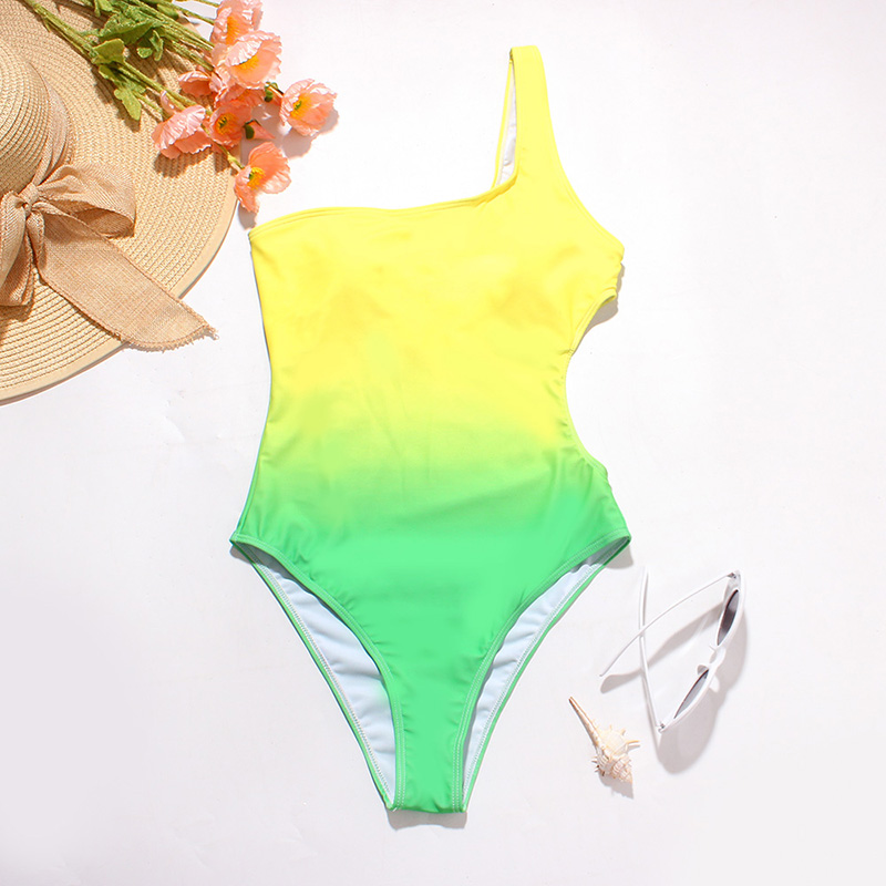 Fashion Yellow-green Gradient Color One-shoulder Cutout Swimsuit,One Pieces