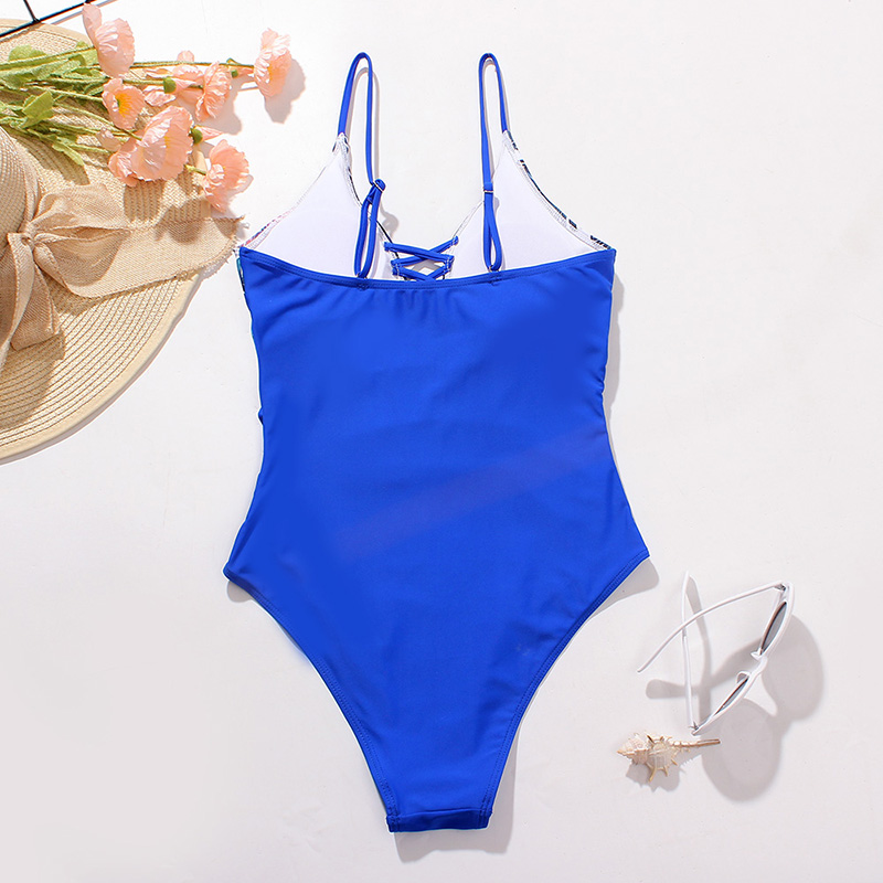 Fashion Blue Printed V-neck Sling Pleated One-piece Swimsuit,One Pieces