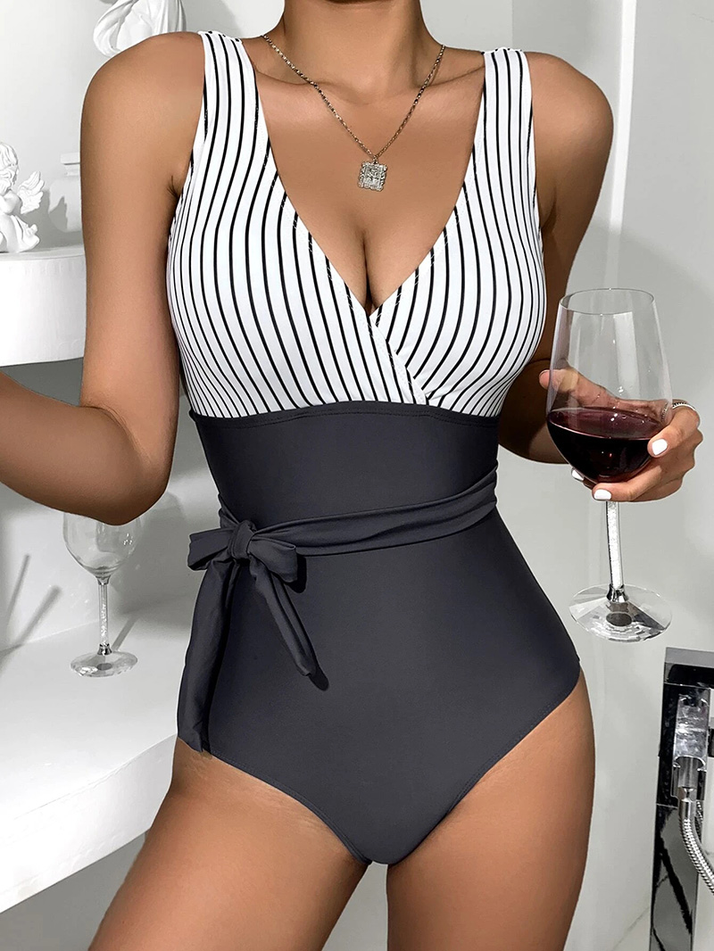 Fashion Black And White Striped V-neck Tie One-piece Swimsuit,One Pieces