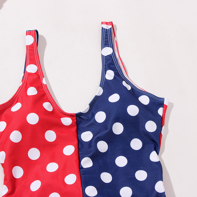Fashion Red And Blue Colorblock Polka Dot Print One-piece Swimsuit,One Pieces