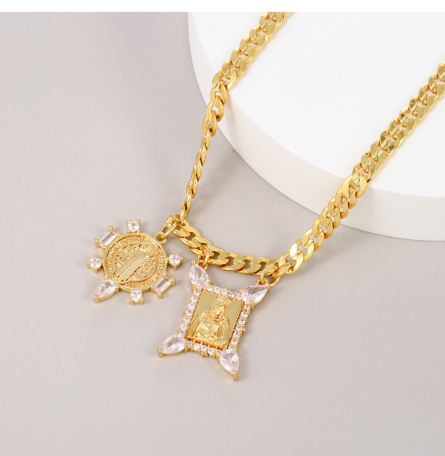 Fashion Gold Copper Inlaid Zirconium Portrait Cross Thick Chain Necklace,Necklaces