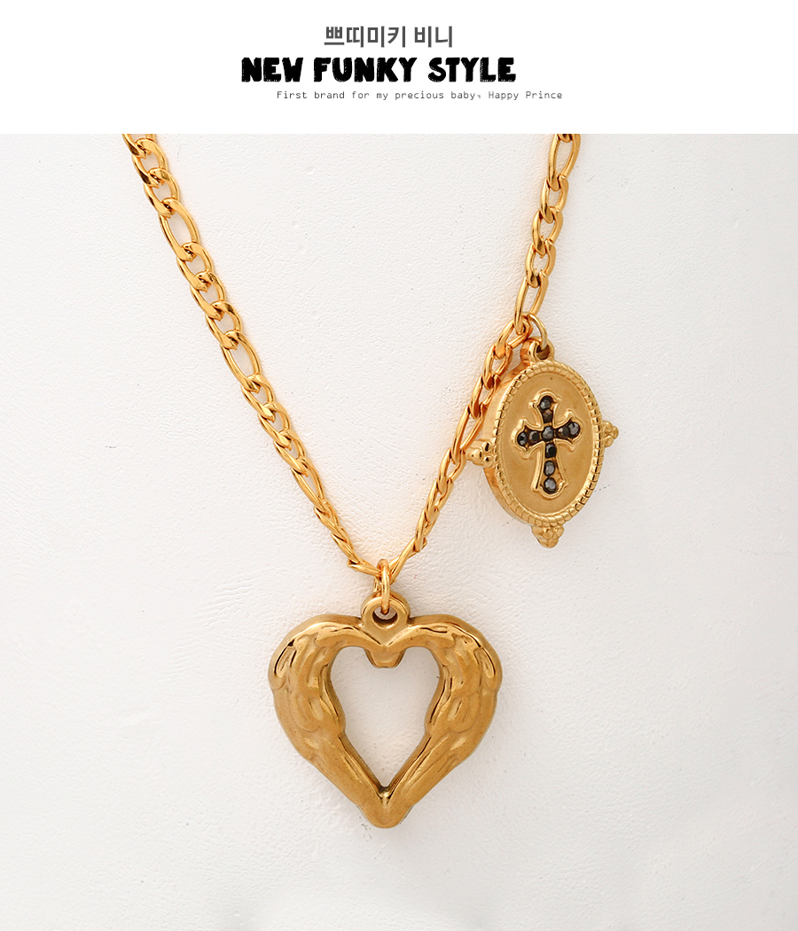 Fashion Gold Titanium Steel Zirconium Love Heart Cross Thick Chain Necklace,Necklaces