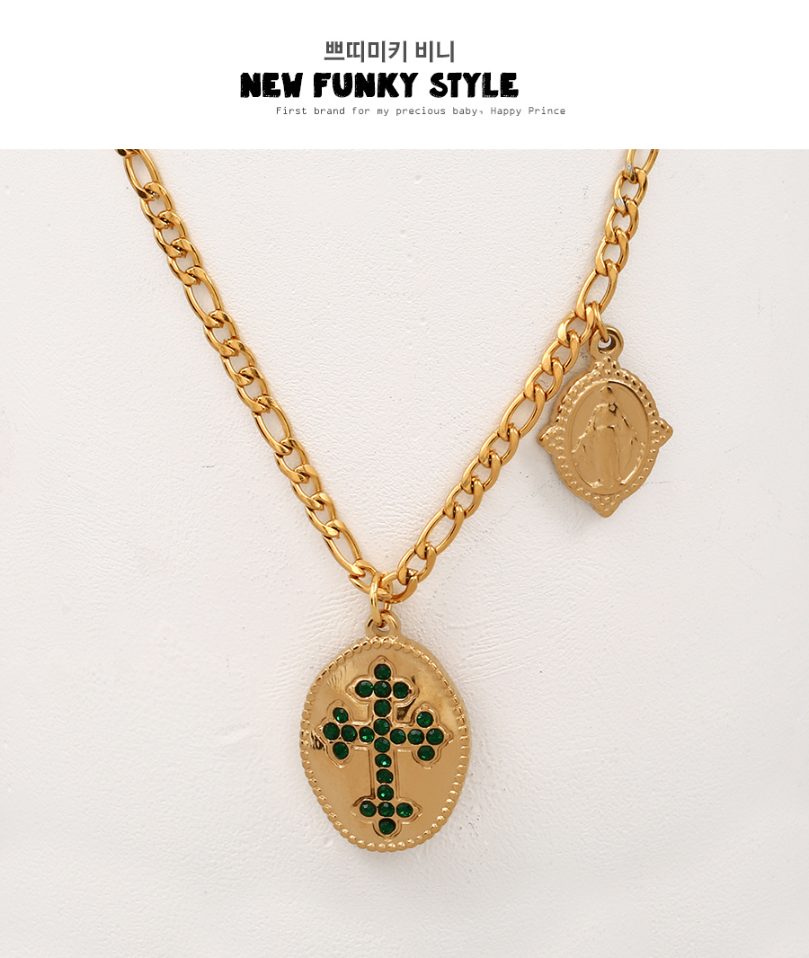 Fashion Gold Titanium Steel Zirconium Portrait Cross Thick Chain Necklace,Necklaces
