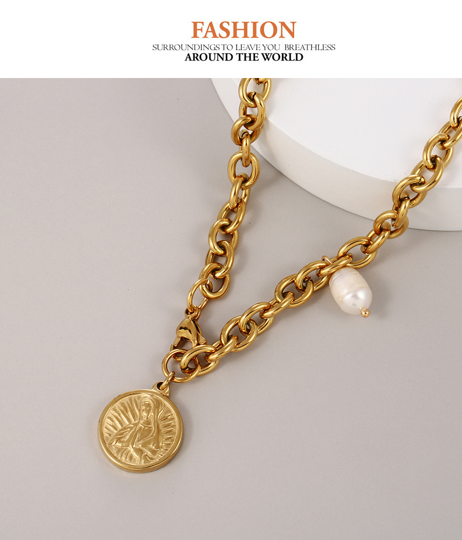 Fashion Golden-2 Titanium Steel Pearl Portrait Thick Chain Necklace,Necklaces