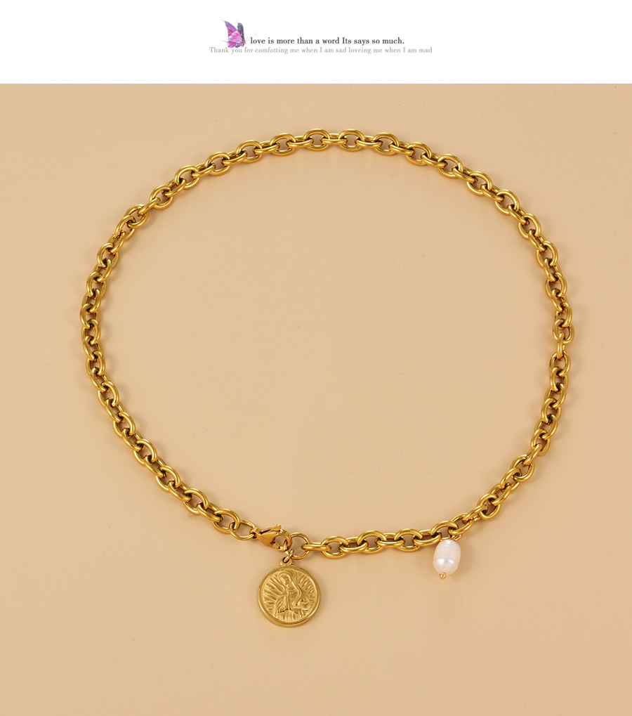 Fashion Golden-2 Titanium Steel Pearl Portrait Thick Chain Necklace,Necklaces