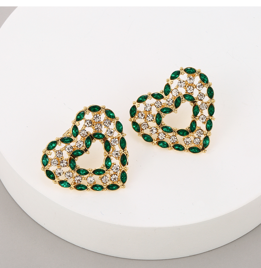 Fashion Green Alloy Diamond Heart Earrings,Stud Earrings